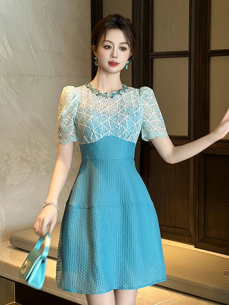 Blue Lace Insert Side Ruching Fitted Dress