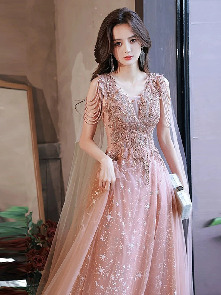 Sparkling Embellished Gown With Sheer Cape Design on Luulla