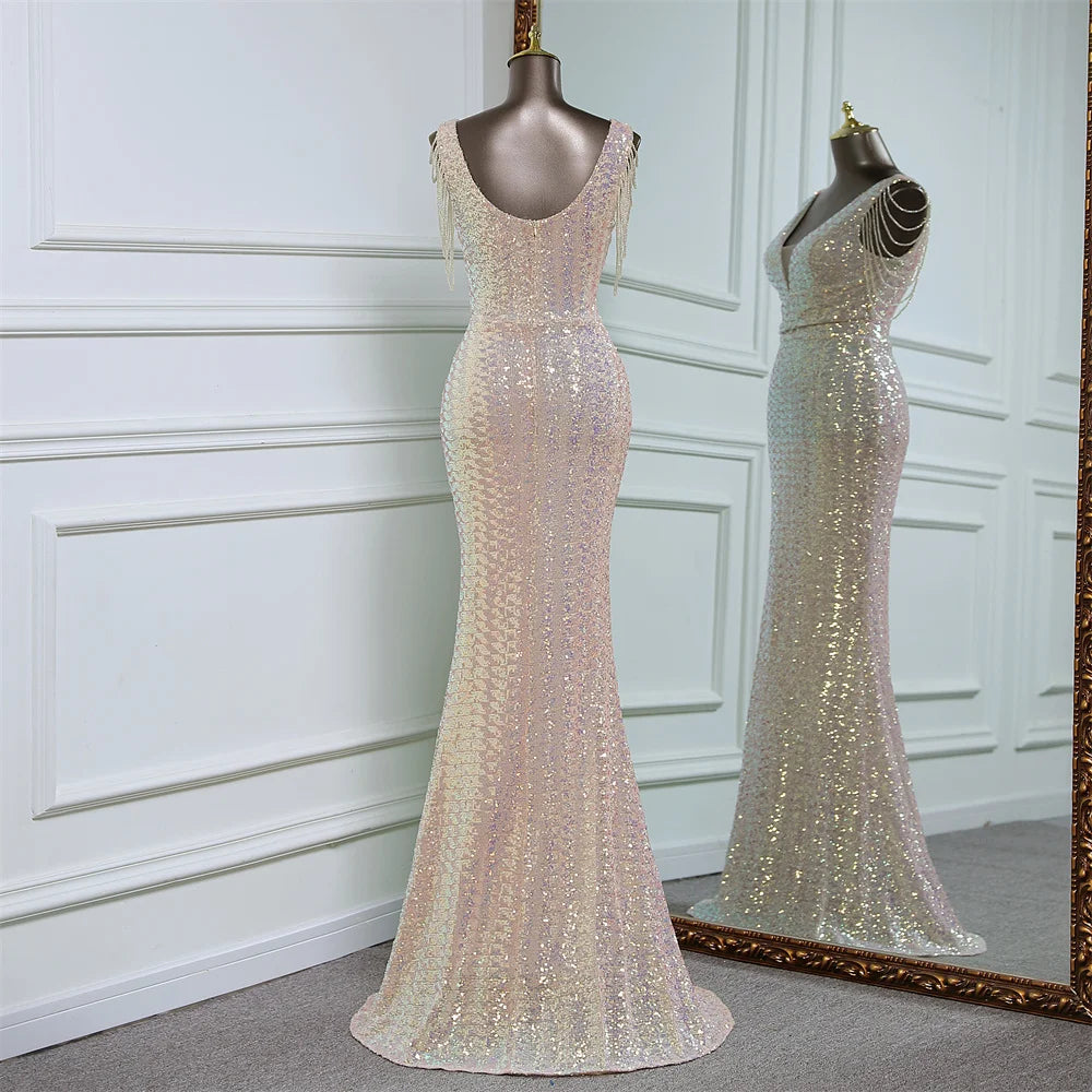 Elbow-Sleeve V-Neck Sequin A-Line Evening Gown main image 0