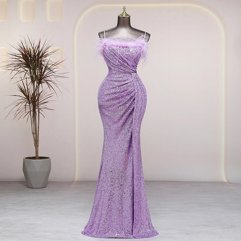 Sparkling Lavender Ruched Gown With Feather Details on Luulla