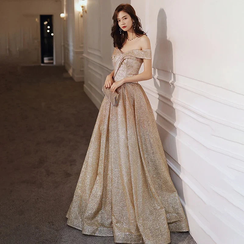 Off-shoulder Sparkling Evening Gown With Train on Luulla
