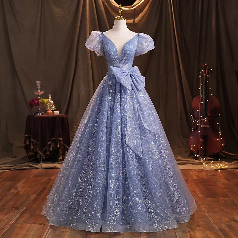 Sparkling Blue Gown With Bow And Sleeves on Luulla