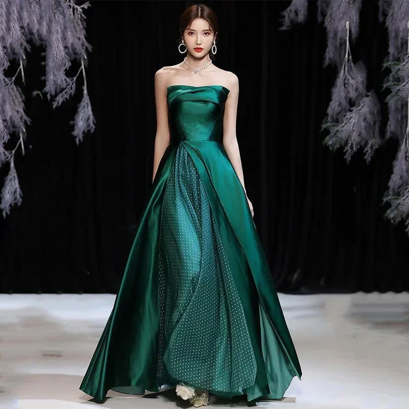 A-Line Strapless Slit Dreamy Gown With Ruffle Emerald