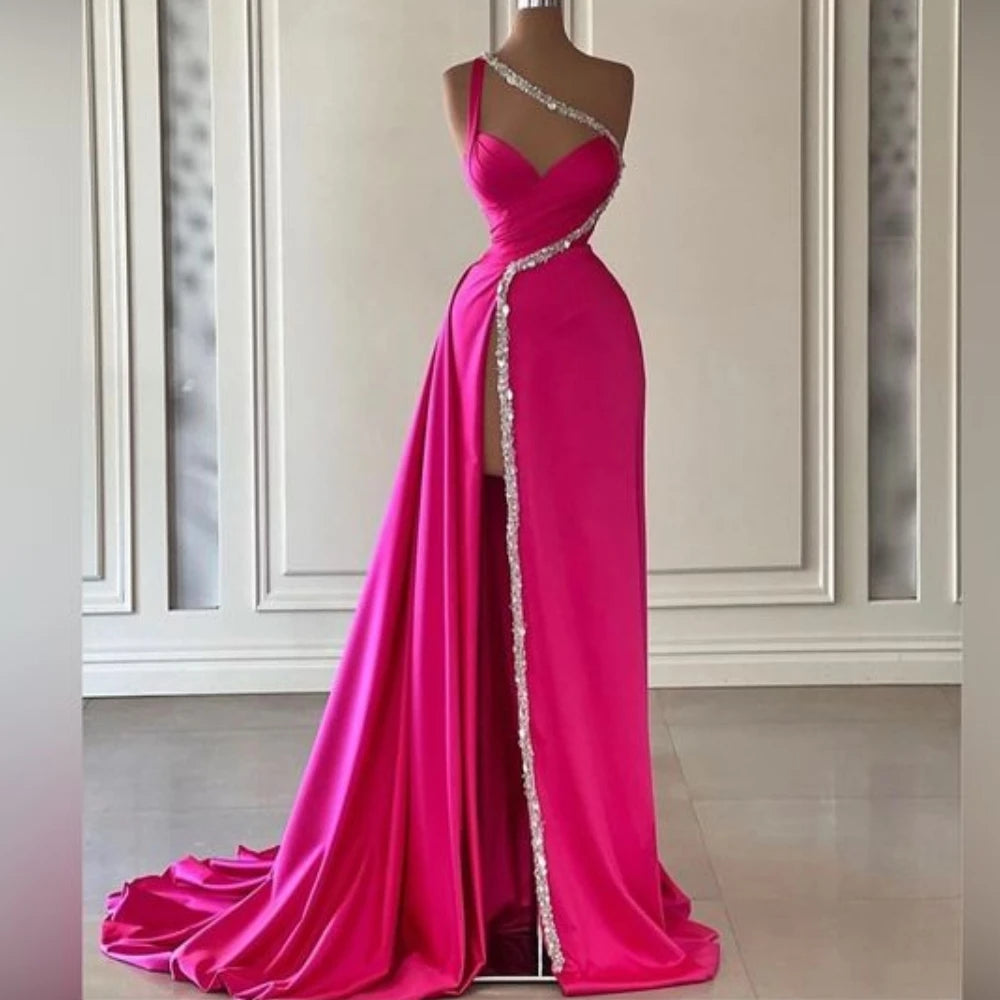 Waterfall High Slit Satin Gown Old Rose