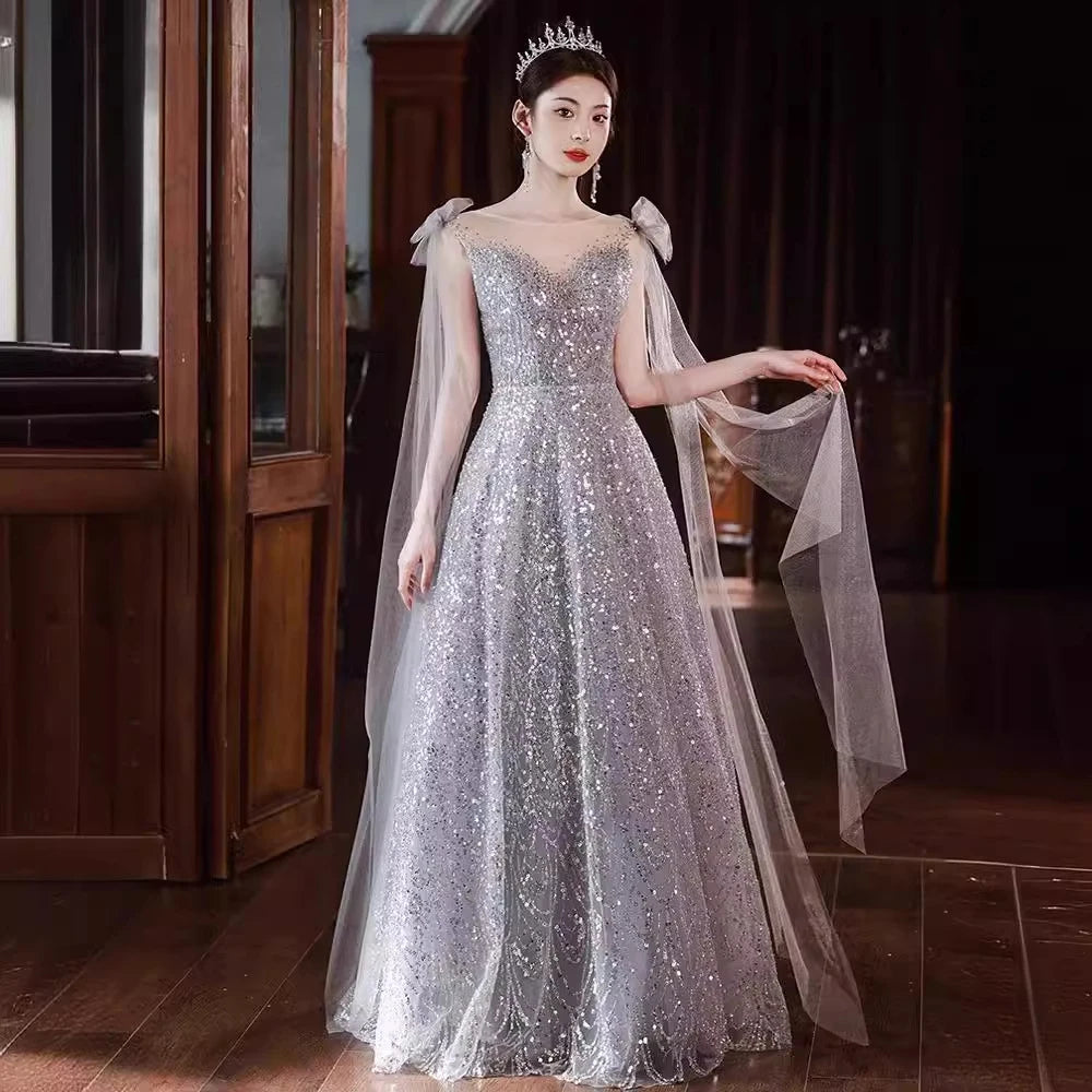 Off-the-Shoulder Pleated Gown with Surplice Bodice Silver