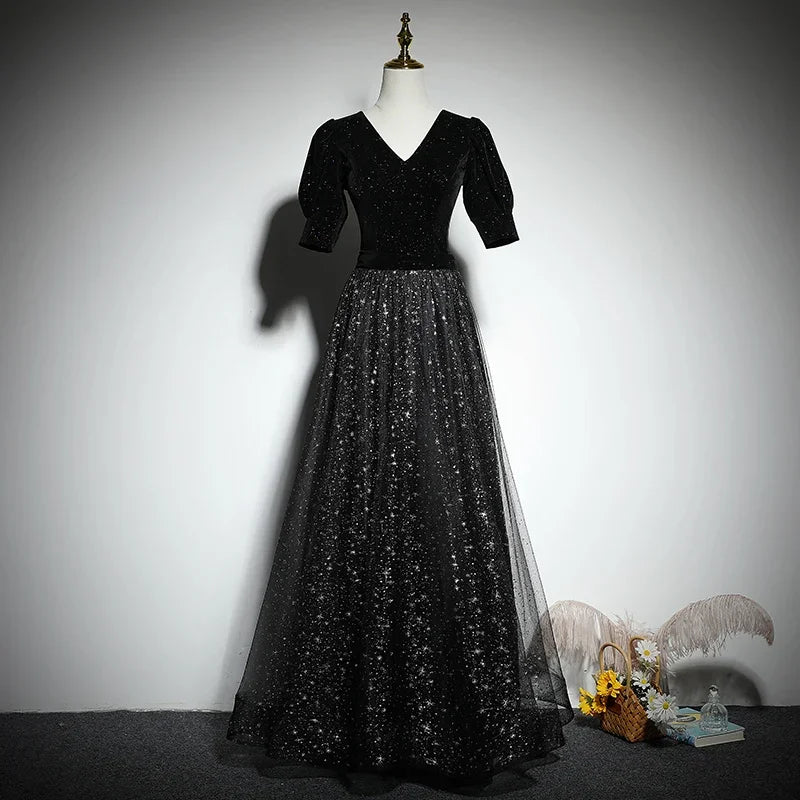 Black Sequin Evening Gown With Puffy Sleeves on Luulla