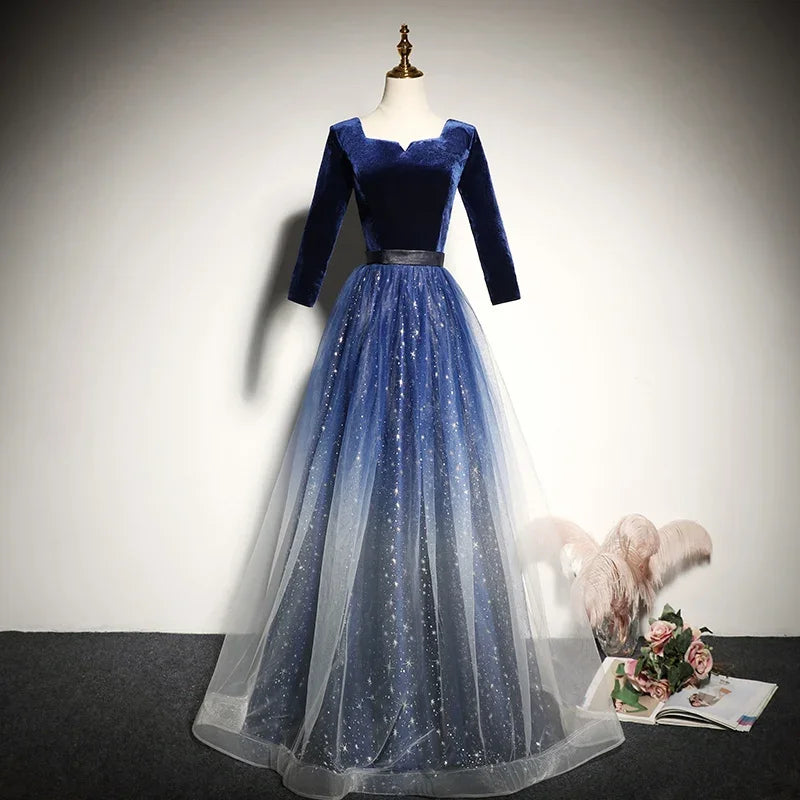 Velvet Blue Gown With Sparkling Tulle Overlay on Luulla