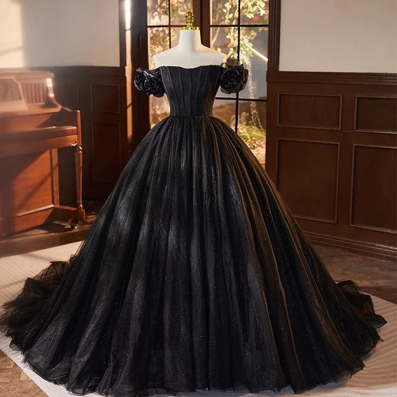 Simple Ball Gown Off The Shoulder Black Velvet Homecoming Dresses C1726