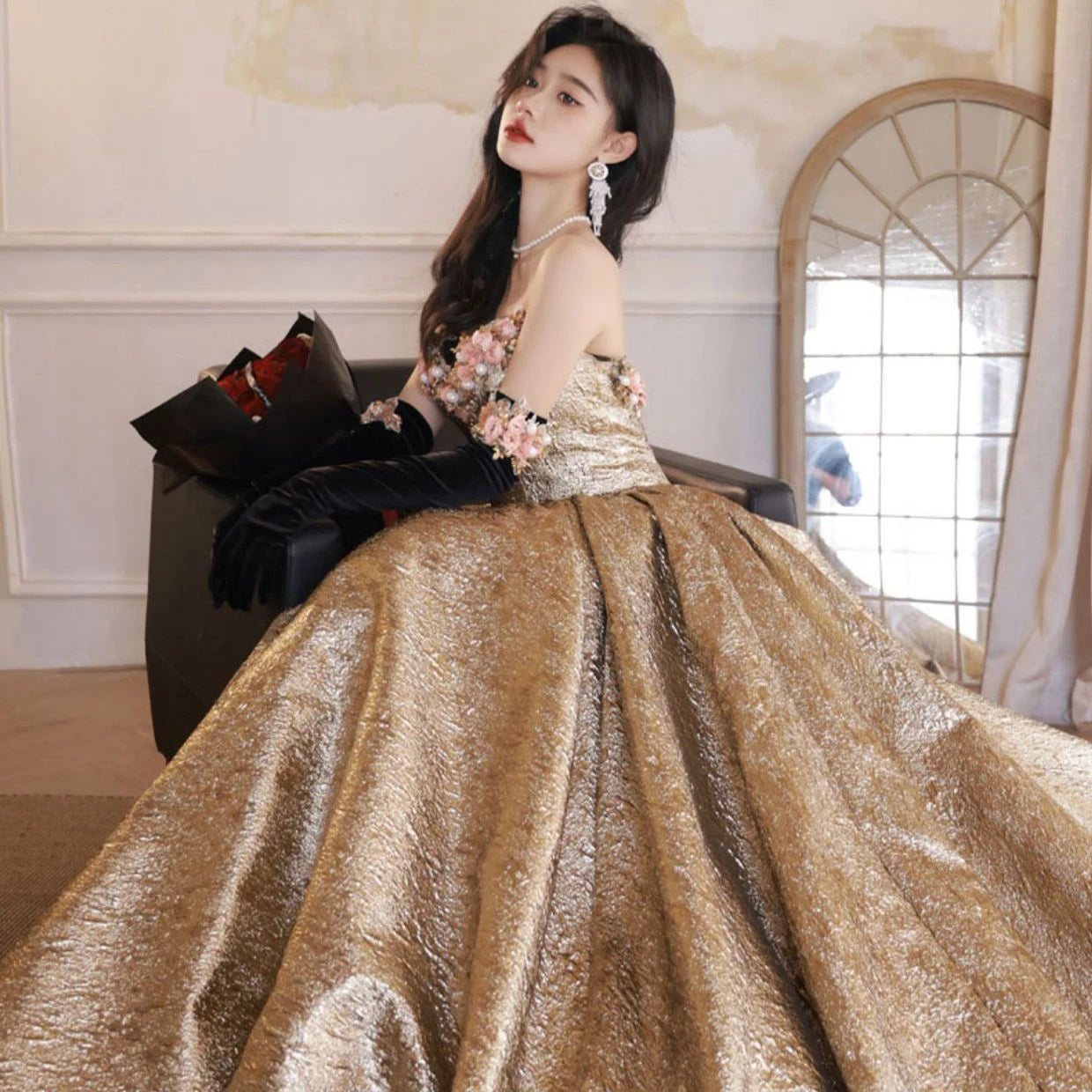Glamorous Ball Gown Off Shoulder Floral Detail Yellow Long Prom Dresses main image 1