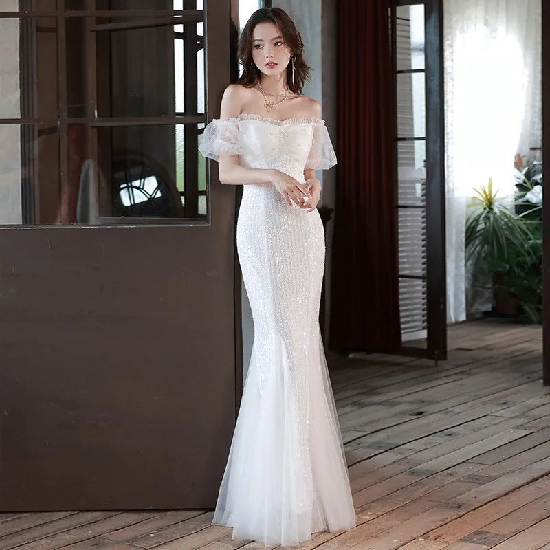 Off-shoulder White Gown With Tulle Overlay on Luulla