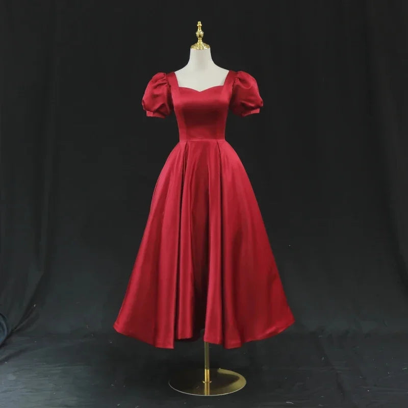 Vintage Red Puff Sleeve Midi Dress 2025 Homecoming Dresses on Luulla