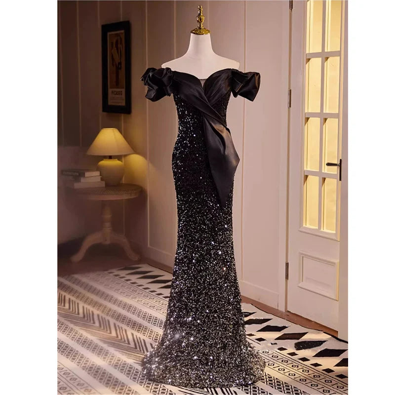 Black Off-shoulder Sequin Gown With Bow on Luulla
