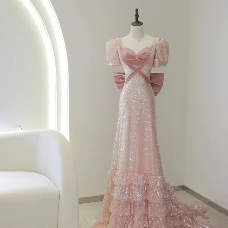 Sparkling Pink Gown With Puff Sleeves Design on Luulla