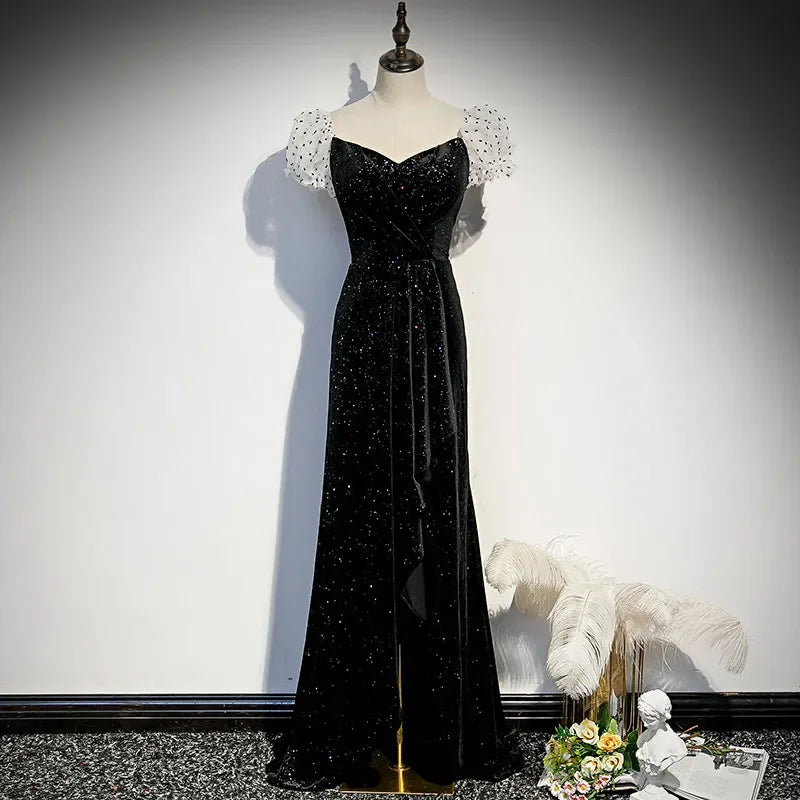 Black Gown With Sheer Puff Sleeves Detailing on Luulla