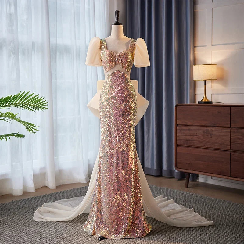 Sparkling Gown With Sheer Puff Sleeves Trail on Luulla
