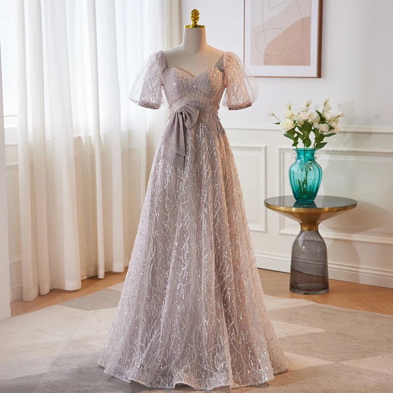 Sparkling Mesh Gown With Bow And Sleeves on Luulla