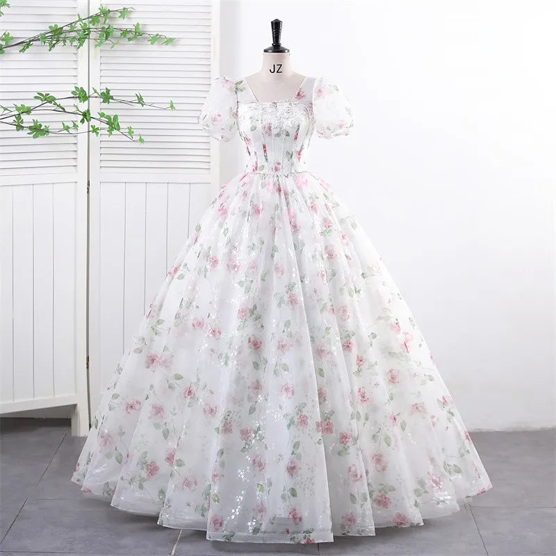 Floral Puff Sleeve Full-length Evening Gown on Luulla