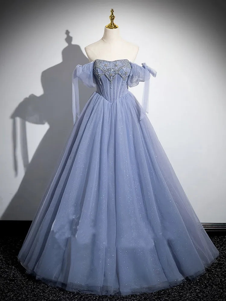 Sparkling Blue Gown With Puffy Tulle Sleeves on Luulla