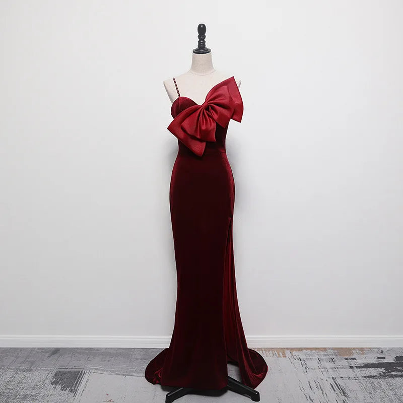 Velvet Gown With Oversized Bow And Slit on Luulla